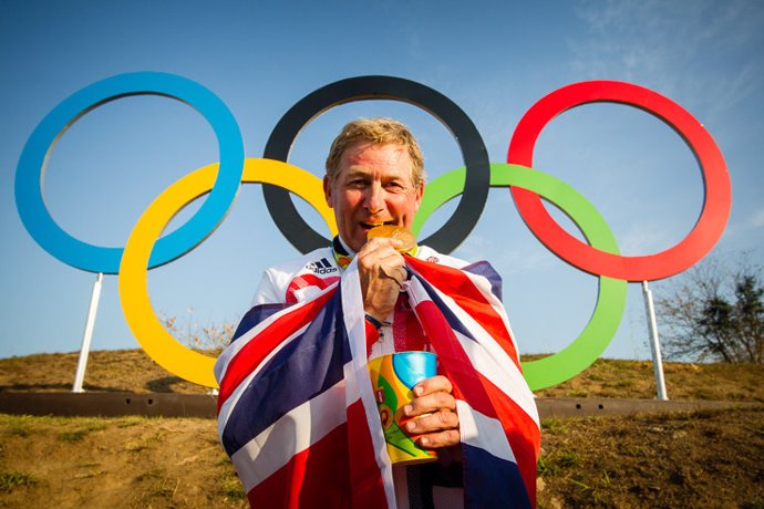 Nick Skelton (GBR) celebrates his gold medal win following a stunning performance at the Deodoro Equestrian Park claiming the Olympic Individual title at the Rio 2016 Games with Big Star.