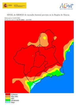 Mapa de nivel de riesgos forestales en la Región este sábado