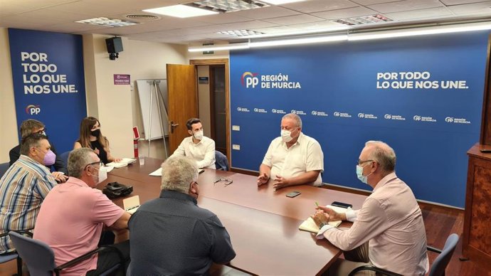 Reunión del portavoz del PP de Transportes en el Senado, Francisco Bernabé, el vicesecretario general de Sectorial y Desarrollo Económico, Luis Alberto Marín, y los concejales del PP en el Ayuntamiento de Murcia,Rebeca Pérez y Antonio Navarro Corchón