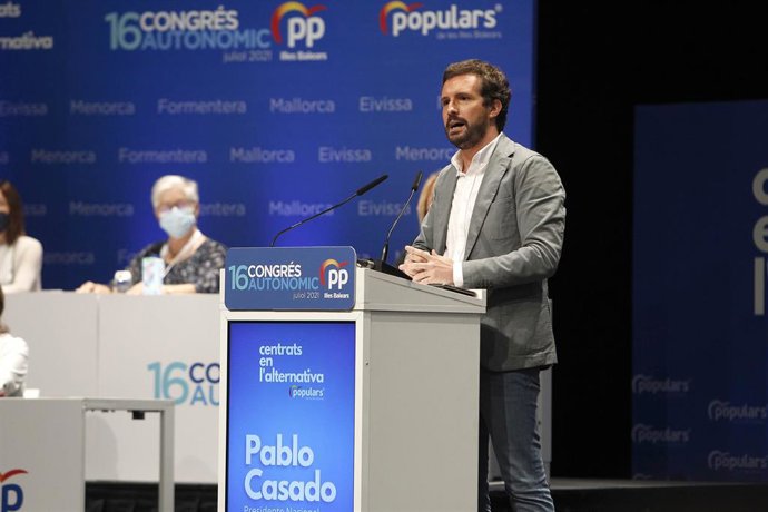 El presidente del PP, Pablo Casado, durante el XVI congreso del PP de Baleares, a 24 de julio de 2021, en Palma, Mallorca