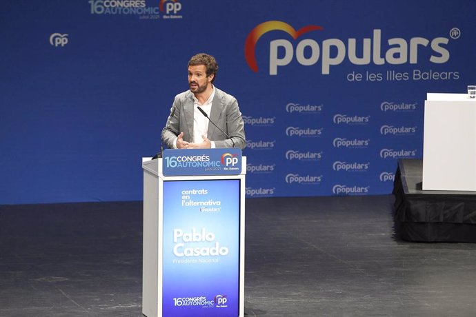 El presidente del PP, Pablo Casado, durante el XVI congreso del PP de Baleares, a 24 de julio de 2021, en Palma, Mallorca, Islas Baleares