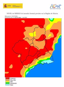 Mapa que refleja el nivel de riesgo de incendio forestal este domingo