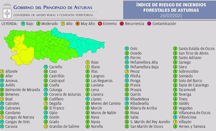 Mapa de riesgo de incendios en Asturias el lunes 26 de julio de 2021