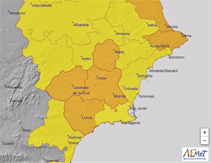Mapa de avisos previsto en la Región este lunes