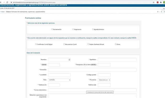 La Comunidad de Madrid sobre un nuevo servicio de incidencias para los ciudadanos relacionados con documentos Covid-19