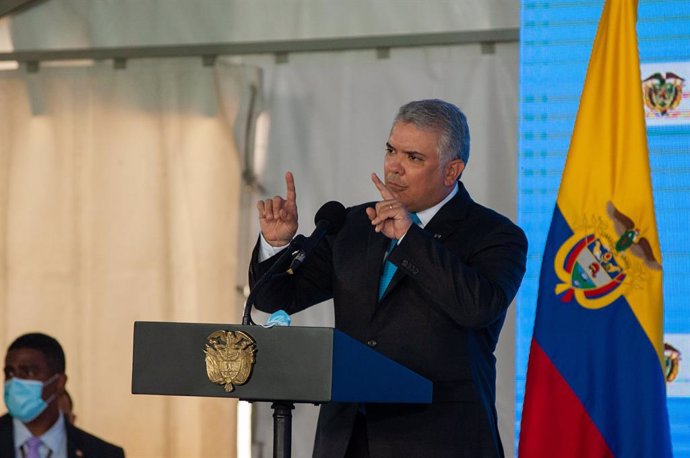 29 June 2021, Colombia, Bogota: Colombia's President Ivan Duque gives a speech during a press conference regarding the first line of Bogota's metro system that will be opened by 2028. Photo: Chepa Beltran/LongVisual via ZUMA Wire/dpa