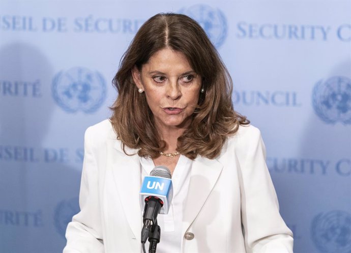 13 July 2021, US, New York: Colombian Vice-President and Foreign Minister Marta Lucia Ramirez speaks during a press conference after the Security Council meeting on Colombia at UN Headquarters. Photo: Lev Radin/ZUMA Wire/dpa