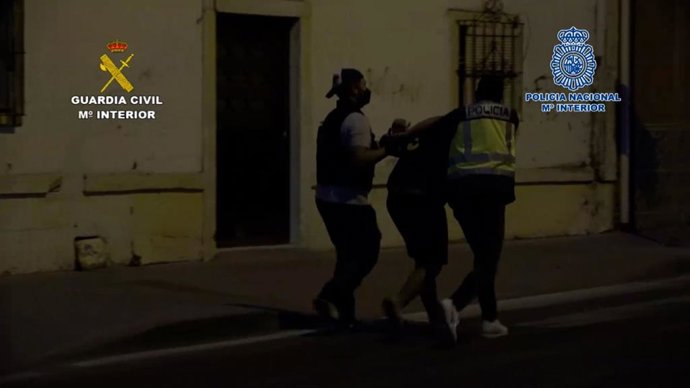 Agentes de la Policía Nacional y Guardia Civil con uno de los detenidos