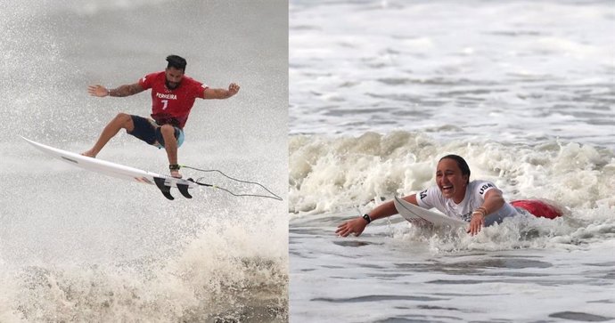 Los campeones olímpicos de surf en los Juegos Olímpicos de Tokyo 2020; el brasileño Italo Ferreira y la estadounidense Carissa Moore