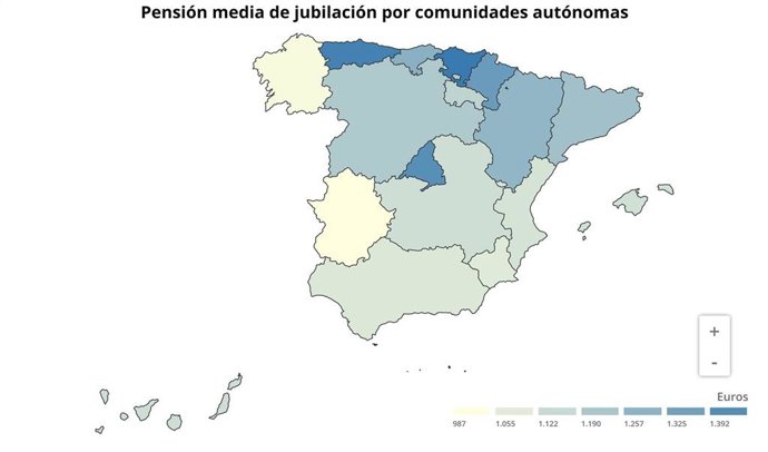 Pensión media de jubilación por comunidades.