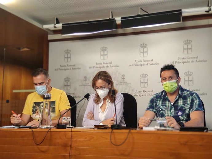 Rueda de prensa de la portavoz de IU, Ángela Vallina, acompañada por los secretarios generales de los sindicatos UGT y CCOO, Javier Fernández Lanero y José Manuel Zapico.