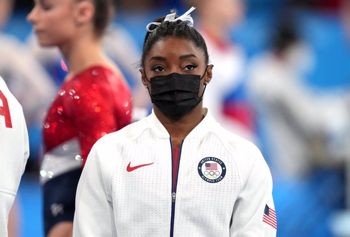 27 July 2021, Japan, Tokyo: USA's Simone Biles is seen after withdrawing following he first rotation of the Women's Team Artistic Gymnastics Final at the Ariake Gymnastics Centre, during the Tokyo 2020 Olympic Games. Photo: Martin Rickett/PA Wire/dpa