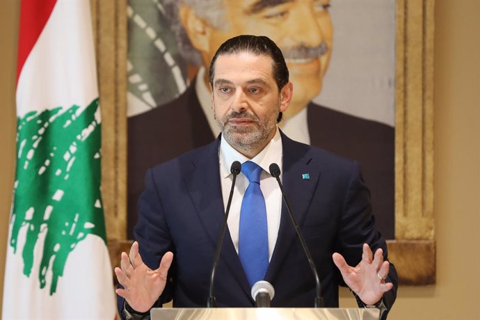 HANDOUT - 27 July 2021, Lebanon, Beirut: Lebanese former Primer Minister Saad Hariri speaks during a press conference after a meeting with MPs from The Future Movement. Photo: -/Dalati & Nohra/dpa - ATTENTION: editorial use only and only if the credit m
