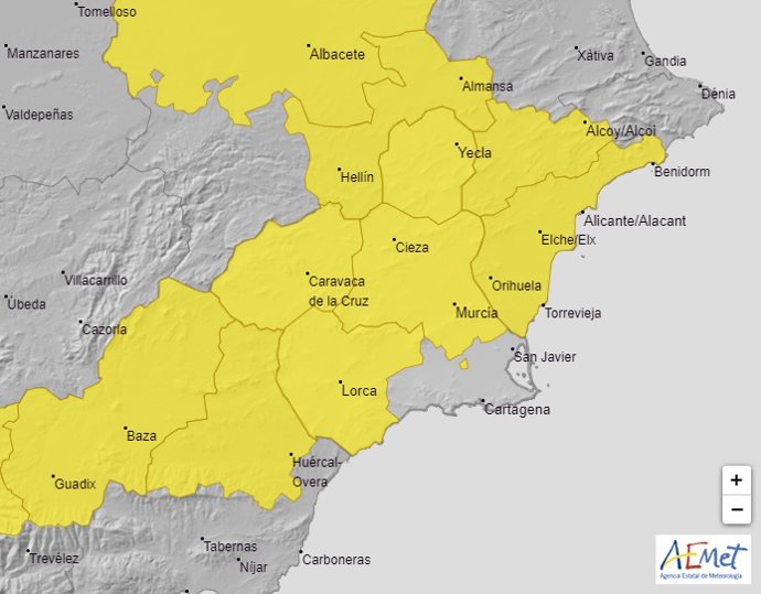 Mapa de avisos meteorológicos activados el viernes en la Región