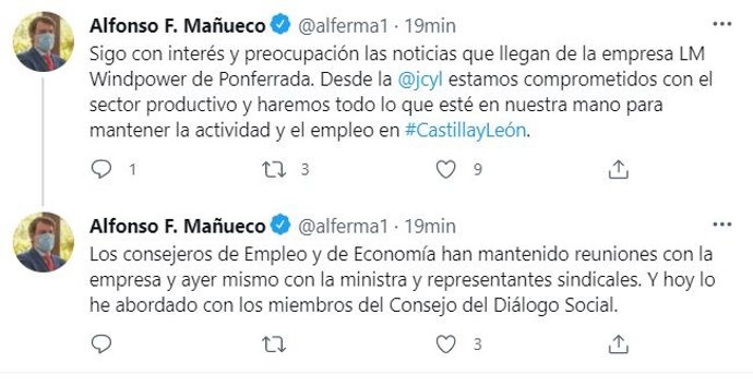 Mensajes publicados en Twitter por el presidente de la Junta de Castilla y León sobre la situación en LM Wind Power.