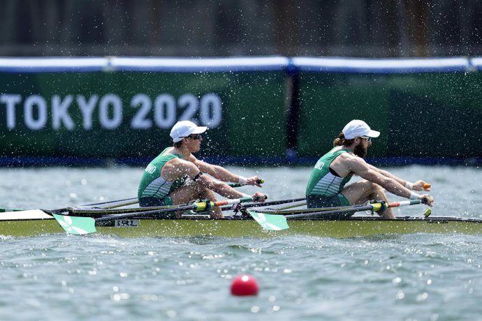 28 July 2021, Japan, Tokyo: Ireland's Fintan Mc Carthy and Paul O'Donovan compete in the lightweight men's rowing double sculls semifinal in the Sea Forest Waterway during the Tokyo 2020 Olympic Games. Photo: Lee Jin-Man/PA Wire/dpa