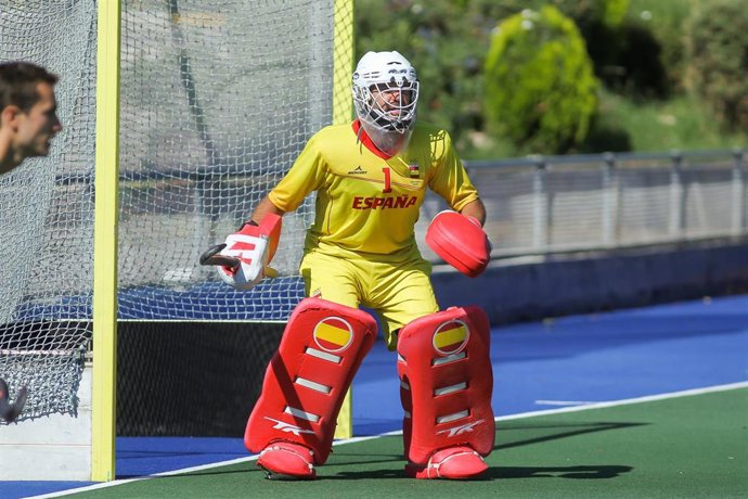 Quico Cortés, portero de la selección española de hockey sobre hierba, durante un partido