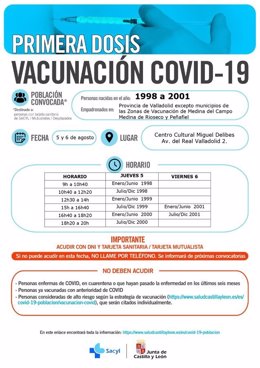 Convocatoria en Valladolid capital para la vacunación de jóvenes nacidos entre 1998 y 2001.