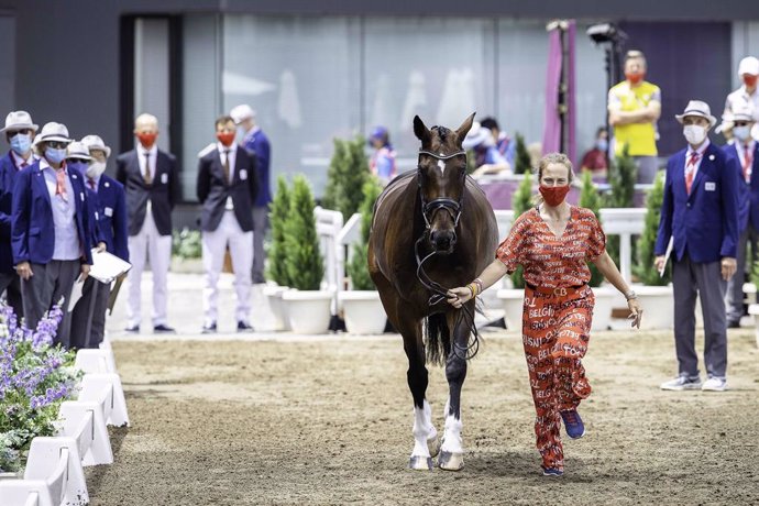 Lara de Liedekerke-Meieer (BEL) presenting Alpaga d'Arville at the Eventing 1st Horse Inspection at the Tokyo 2020 Olympic Games in Baji Koen today. (FEI/Libby Law)