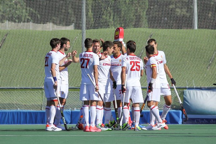 Players of Spain during friendly hockey match played between Spain and Netherlands at Club de Campo Villa de Madrid on July 15, 2021 in Madrid, Spain.