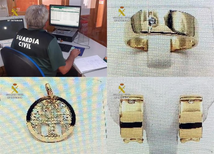 Imagen de las joyas incautadas y de la operación desarrollada por la Guardia Civil