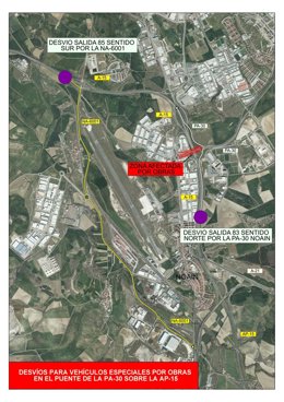 Desvíos para vehículos especiales por obras en el puente de la PA-30 sobre la AP-15 .