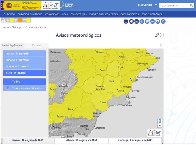 Mapa de los fenómenos meteorológicos activos en la Región este viernes