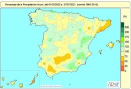 Las lluvias acumuladas en España desde el 1 de octubre de 2020 hasta el 27 de julio de 2021 acumulan un déficit del 7 por ciento.