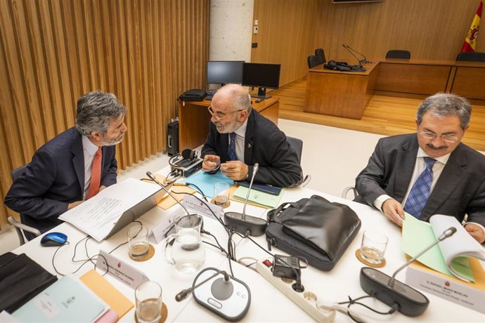 Archivo - El presidente del Consejo General del Poder Judicial y del Tribunal Supremo (CGPJ), Carlos Lesmes (1i)durante el pleno del Consejo General del Poder Judicial (CGPJ), en Pontevedra/Galicia (España), a 30 de enero de 2020.