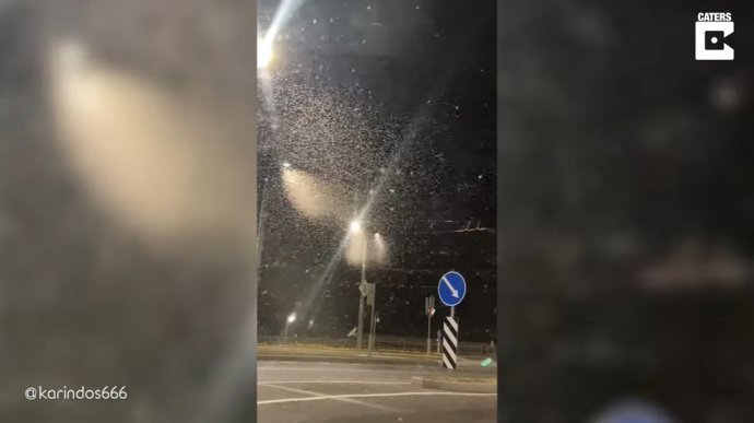No es nieve, no es granizo, no es polen; son un montón de moscas de mayo volando por las calles de Mogilve, Bielorrusia