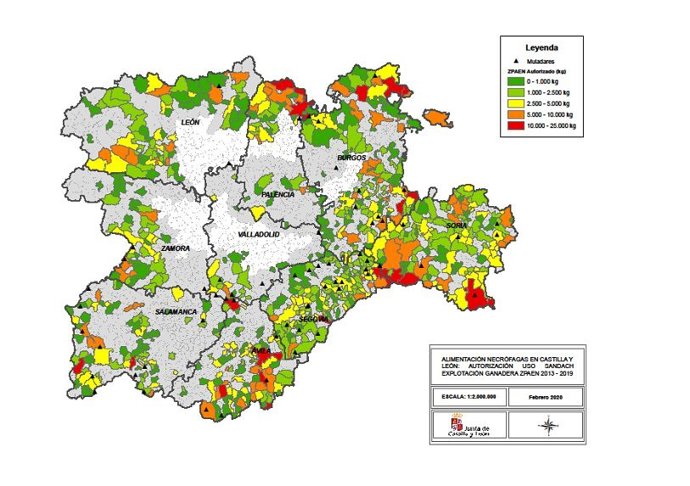 Mapa de muladares autorizados en Castilla y León.