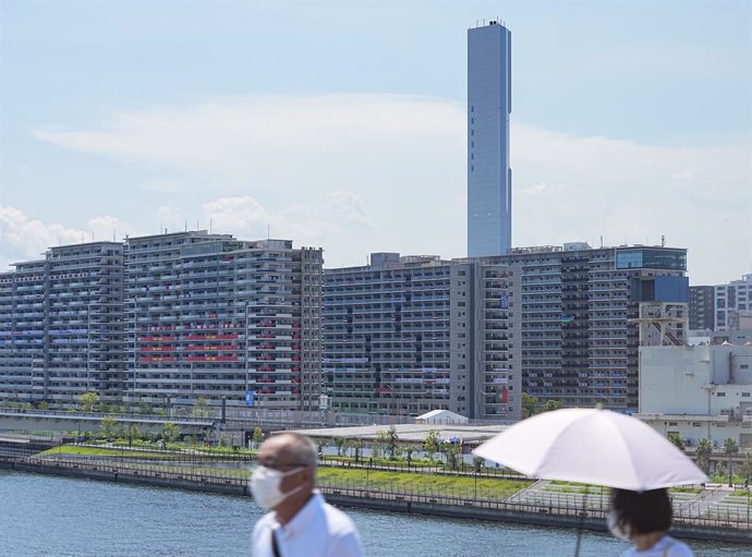 22 July 2021, Japan, Tokyo: A view of the buildings from the Olympic Village, a housing development that will house the participants of the 2020 Olympic Games. A day before the Olympics officially open, organizers reported 12 coronavirus cases linked to