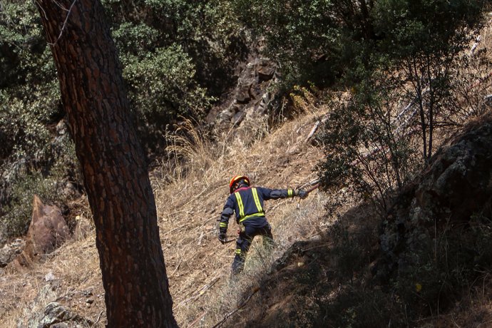 Un bombero, durante las labores de extinción del incendio del pantano de San Juan, a 1 de agosto de 2021, en San Martín de Valdeiglesias, Madrid (España). 