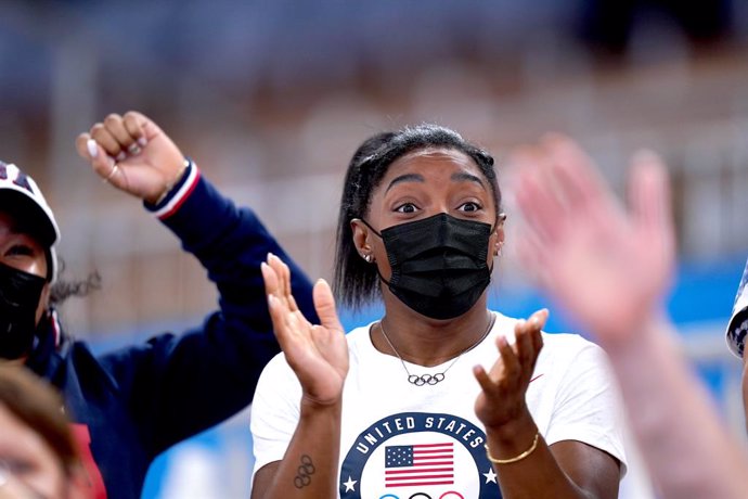 01 August 2021, Japan, Tokyo: USA's Simone Biles watches the Women's Uneven Bars Final of the Artistic Gymnastics competition at the Ariake Gymnastics Centre during the Tokyo 2020 Olympic Games. Photo: Mike Egerton/PA Wire/dpa