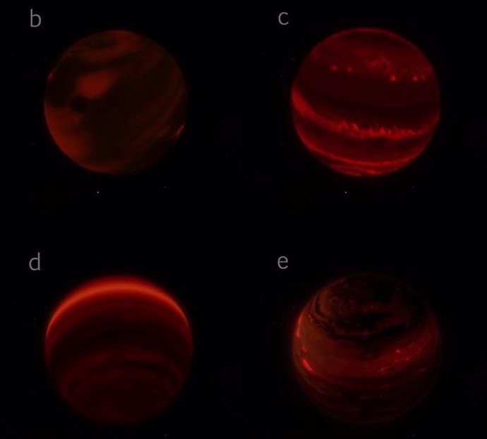 Visualización de los planetas HR 8799 que giran como se ven en el infrarrojo.
