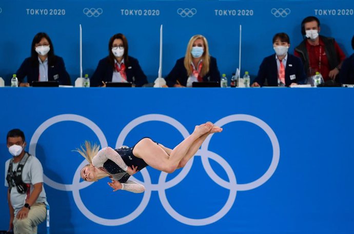 02 August 2021, Japan, Tokyo: USA's Jade Carey in action during the Women's Floor Exercise final of the Artistic Gymnastics competition at the Ariake Gymnastics Centre during the Tokyo 2020 Olympic Games. Photo: Marijan Murat/dpa