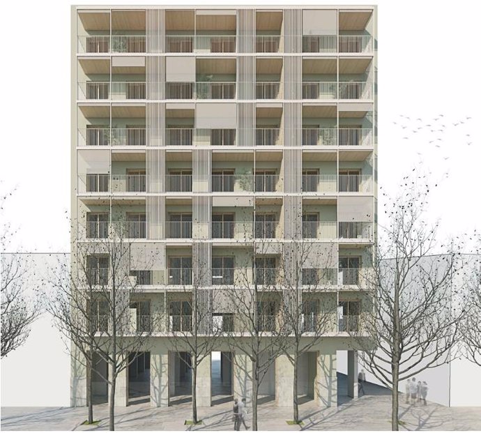Projecte guanyador de la licitació de la construcció d'habitatge social en el número 477 del Carrer Pallars de Barcelona.