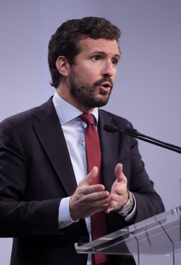 El presidente del PP, Pablo Casado, durante una rueda de prensa en la sede del partido, a 29 de julio de 2021, en Madrid (España).
