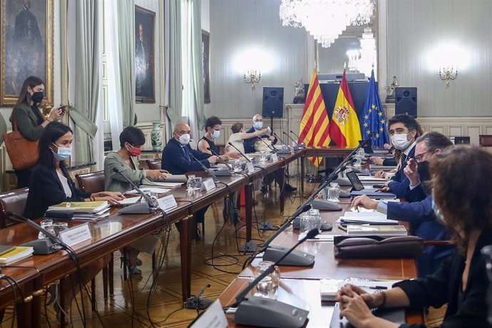 Vista general de los asistentes que participan en la Comisión Bilateral Generalitat de Catalunya - Estado, a 2 de agosto de 2021, en la sede del Ministerio, en Madrid (España). La comisión bilateral se reúne hoy después de tres años de no hacerlo y se c