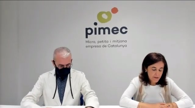 El secretari general de Pimec, Josep Ginesta, i la directora de l'àrea de treball de Pimec, Sílvia Miró, en la valoració telemàtica de l'atur de juliol