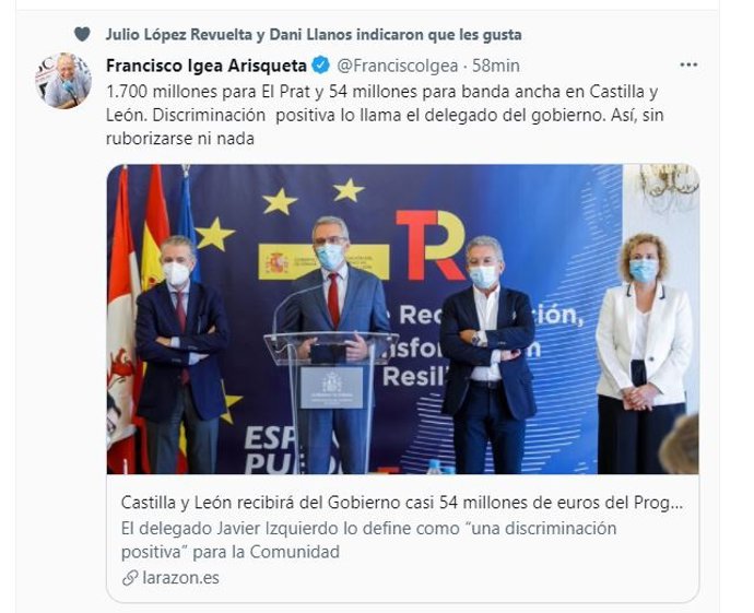 Captura del tuit de Igea.