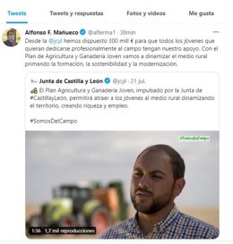 Captura del tuit de Alfonso Fernández Mañueco sobre el Plan Agrario Joven.