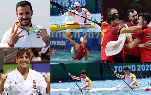 De izquierda a derecha y de arriba abajo, Saúl Craviotto, Carlos Arévalo, la waterpolista Anni Espar, la selección masculina de balonmano, Sandra Sánchez y los palistas Paco Cubelos e Iñigo Peña