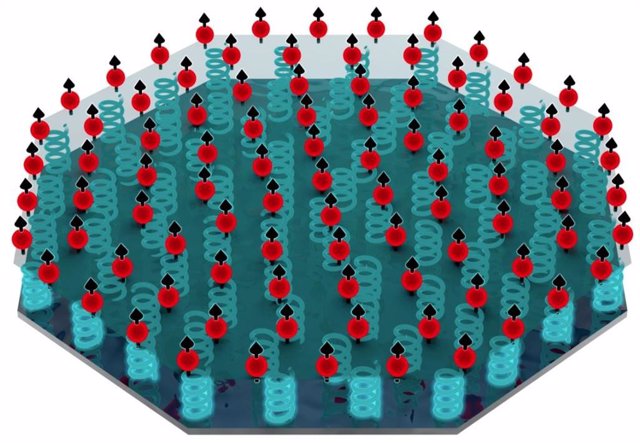Ilustración del sensor cuántico NIST hecho de iones de berilio atrapados (puntos rojos) autoorganizados en un cristal 2D.