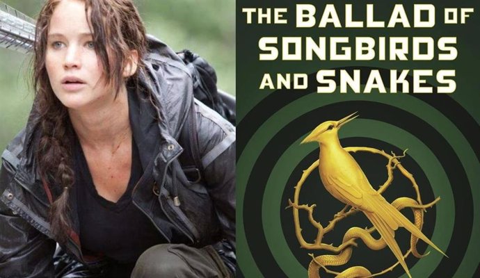 Jennifer Lawrence en Los juegos del hambre y portada de  Balada de pájaros cantores y serpientes
