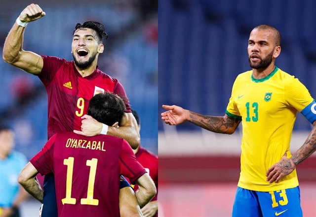Rafa Mir y Oyarzabal celebran un gol de España en Tokyo 2020/ A la derecha, Dani Alves con la selección de Brasil en el torneo olímpico
