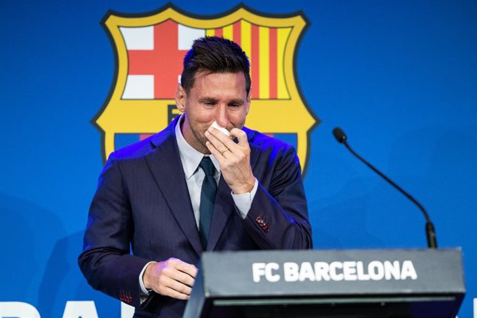 Lionel "Leo" Messi laments during his press conference to talk about his departure from FC Barcelona at Camp Nou stadium on August 08, 2021, in Barcelona, Spain