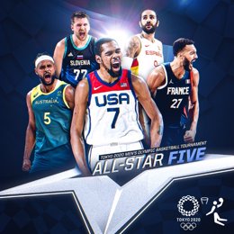 Quinteto ideal de baloncesto en los Juegos Olímpicos de Tokyo 2020, formado por Patty Mills (Australia), Luka Doncic (Eslovenia), Kevin Durant (Estados Unidos), Ricky Rubio (España) y Rudy Gobert (Francia)