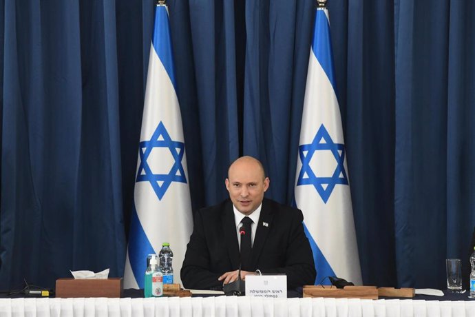 HANDOUT - 25 July 2021, Israel, Jerusalem: Israeli Prime Minister Naftali Bennett speaks during the weekly Israeli cabinet meeting. Photo: Amos Ben-Gershom/GPO/dpa - ATTENTION: editorial use only and only if the credit mentioned above is referenced in f