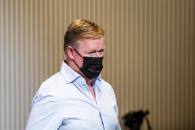 Ronald Koeman, head coach of FC Barcelona, is seen during the press conference of Leo Messi to talk about his departure from FC Barcelona at Camp Nou stadium on August 08, 2021, in Barcelona, Spain